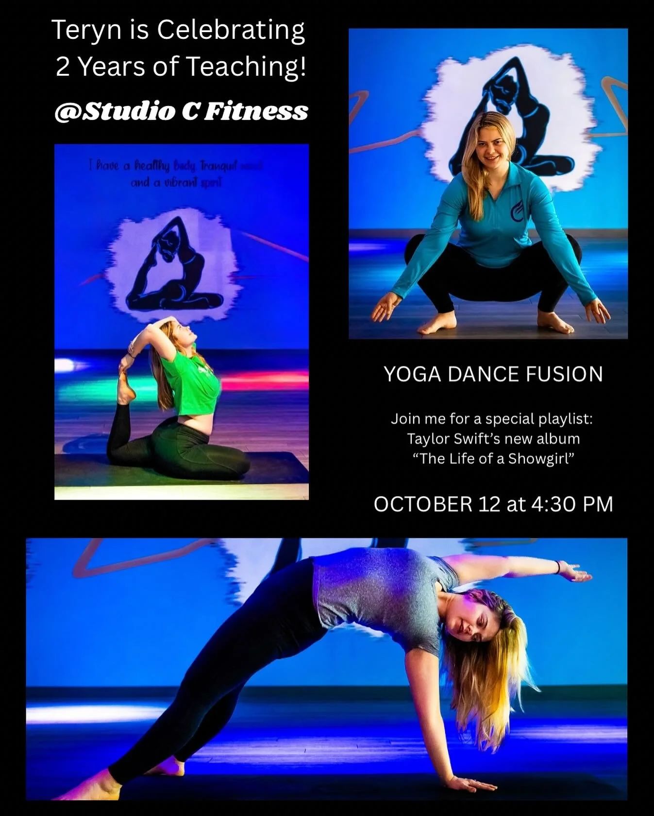 🧘&zwj;♀️ On Sundays, We Yoga.
This one is extra special. Teryn is celebrating 2 years of bringing her flow, creativity, and energy to Studio C.

Join us for Yoga Dance Fusion at 4:30 PM for a $10 drop-in. It&rsquo;s the perfect mix of stretch, stren