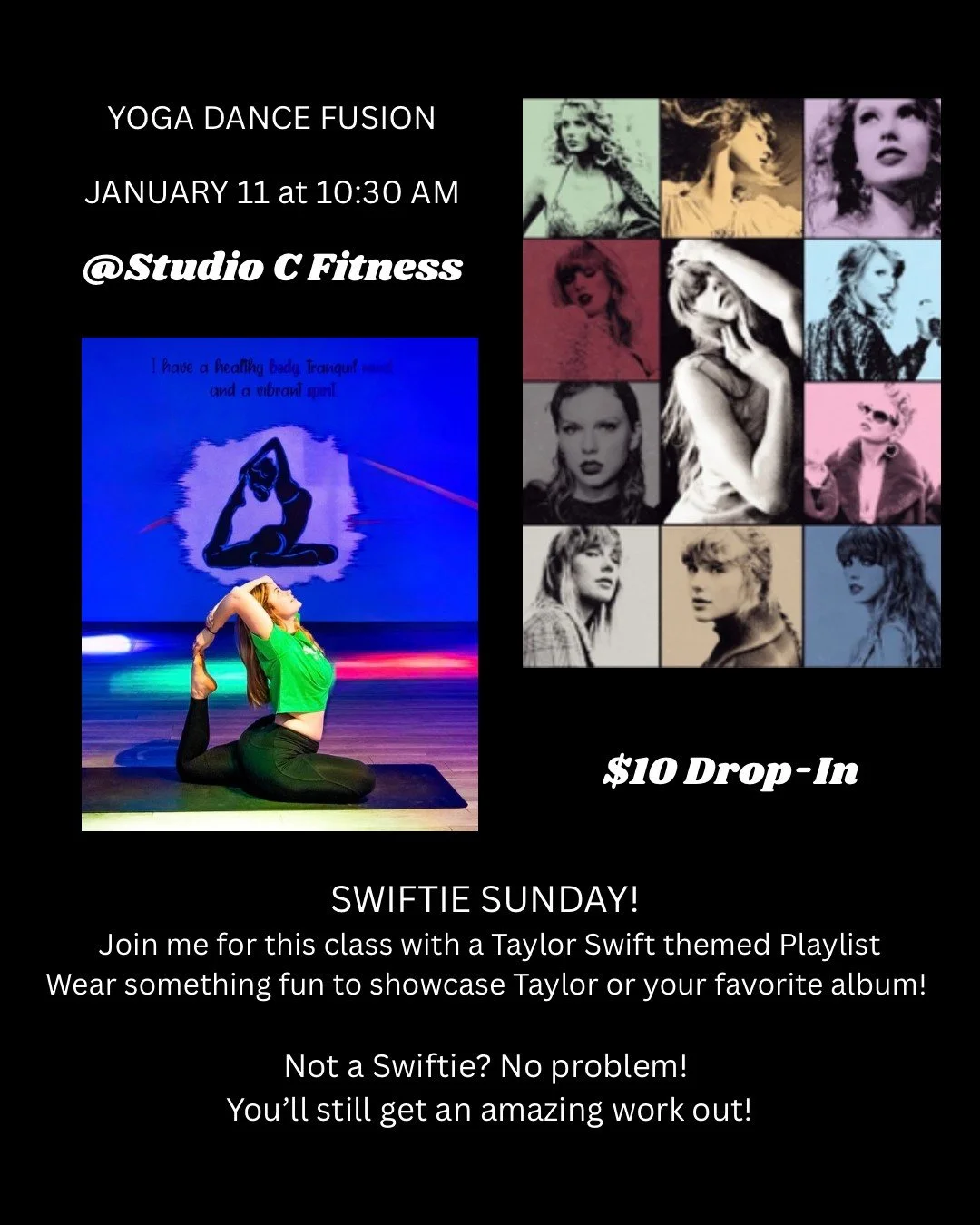 Swifty Sunday is happening. 💜✨

Teryn is hosting a Taylor Swift themed Yoga Dance Fusion and it is all the feels. Flow meets dance. Big movement. Good vibes. Zero pressure. Whether you are a full-on Swiftie or just here for a fun Sunday sweat, this 