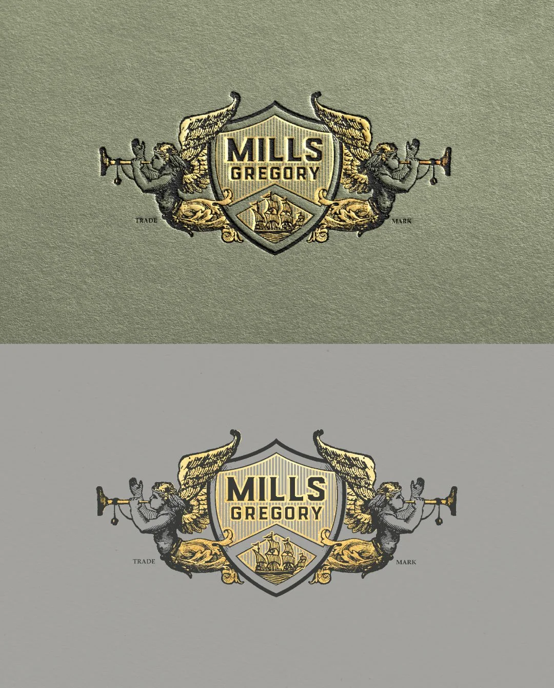 Black and gold Mills-Gregory heralds logo with shield and, sailing ship on toothy papers.