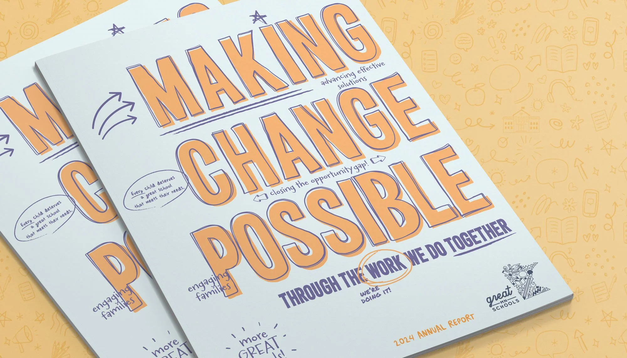 2024 GMS annual report covers with bold graphics and “Making change possible” title