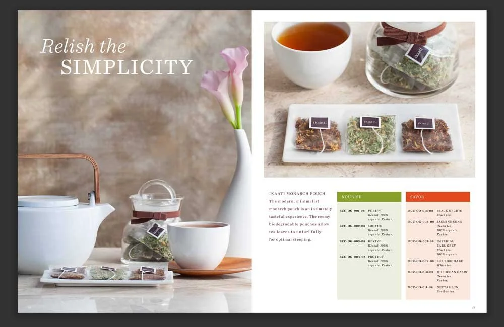 Relish Simplicity spread with various teas on white server tray.