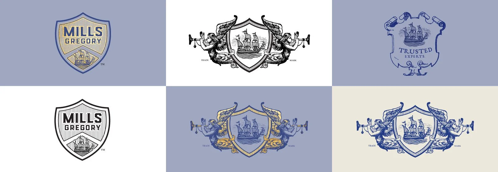 Suite of Mills-Gregory brand marks and assets including shield logo and scroll.