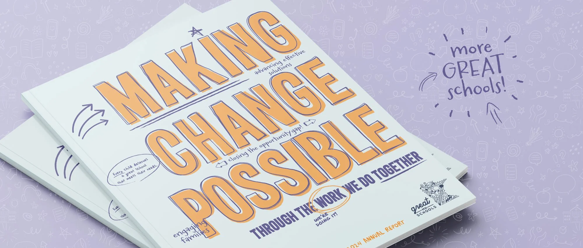Great MN Schools 2024 Annual Report covers on purple background with drawn icon pattern