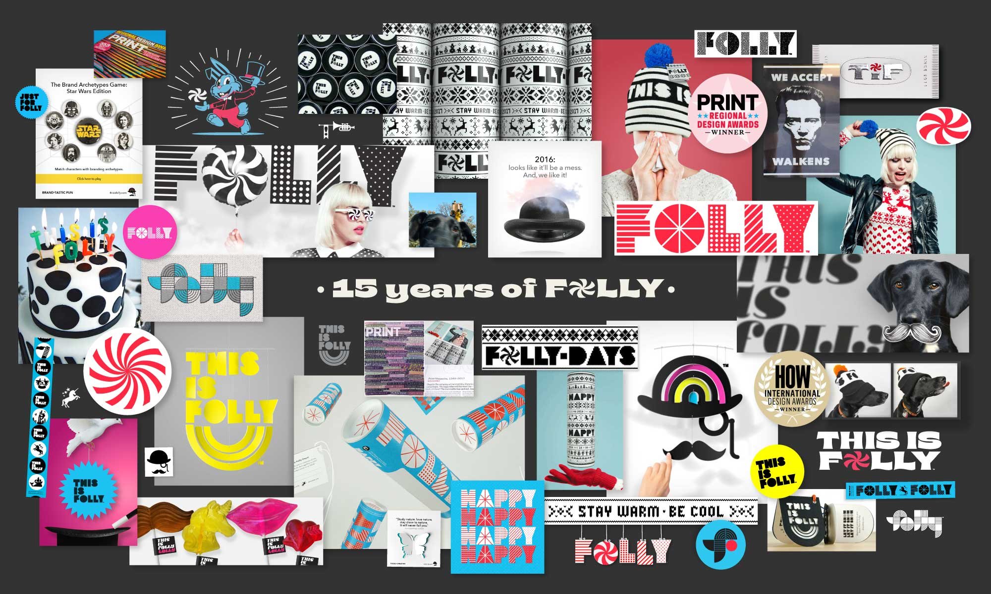 Collage of This Is Folly studio branding for the past 15 years. Includes logos, Willow the dog, mobiles, cakes and ads.