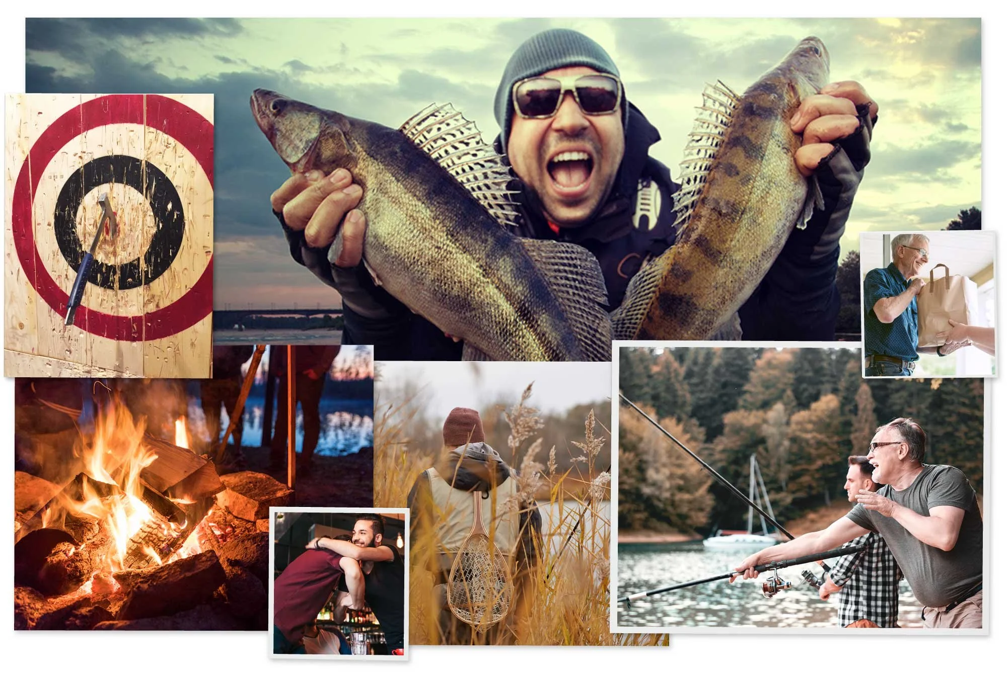 Photo collage of the some Jack’s work and activities, from fishing to care package delivery.