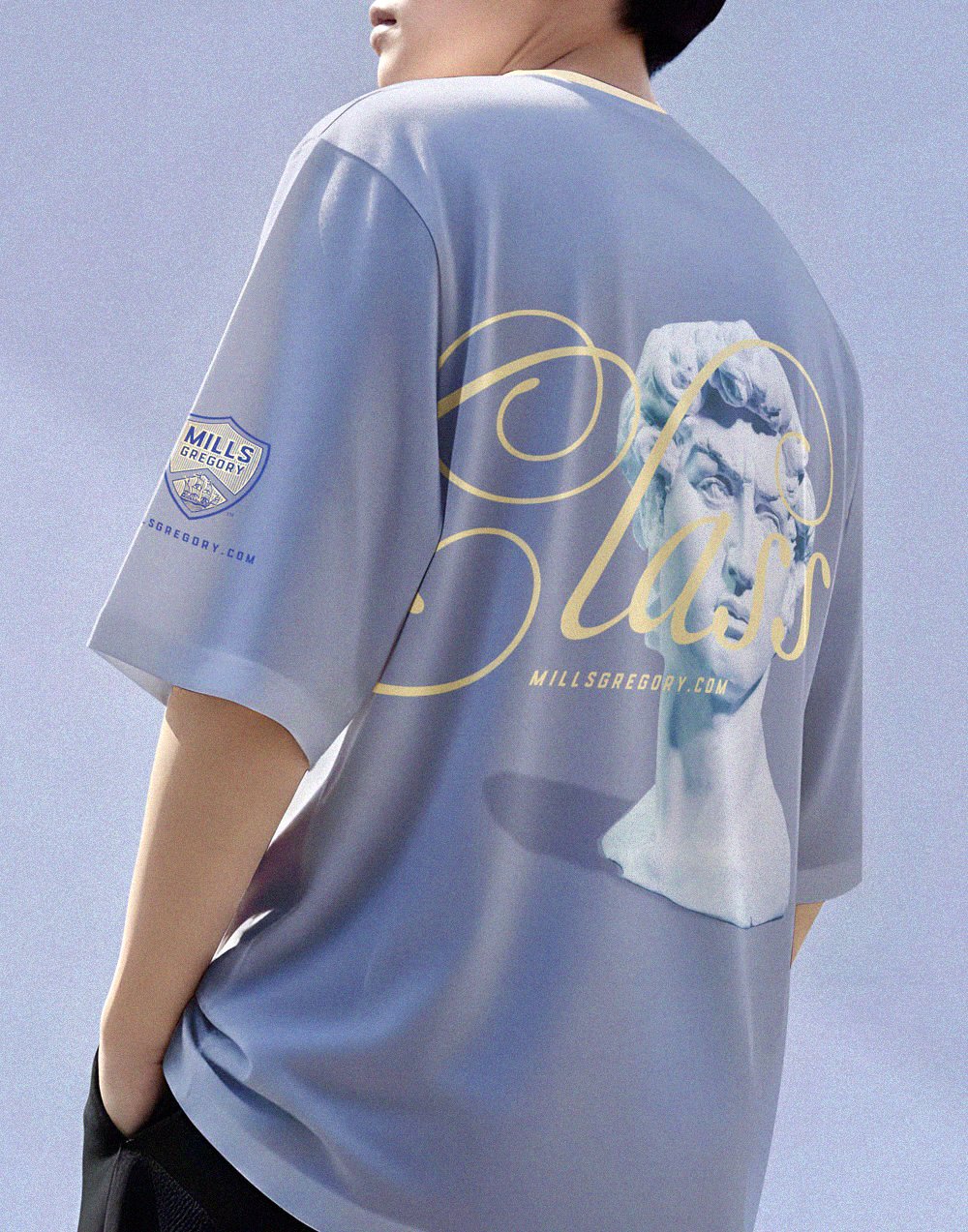 Back of man’s golf shirt with printed logos and image of Michelangelo’s David and “Classical” type.