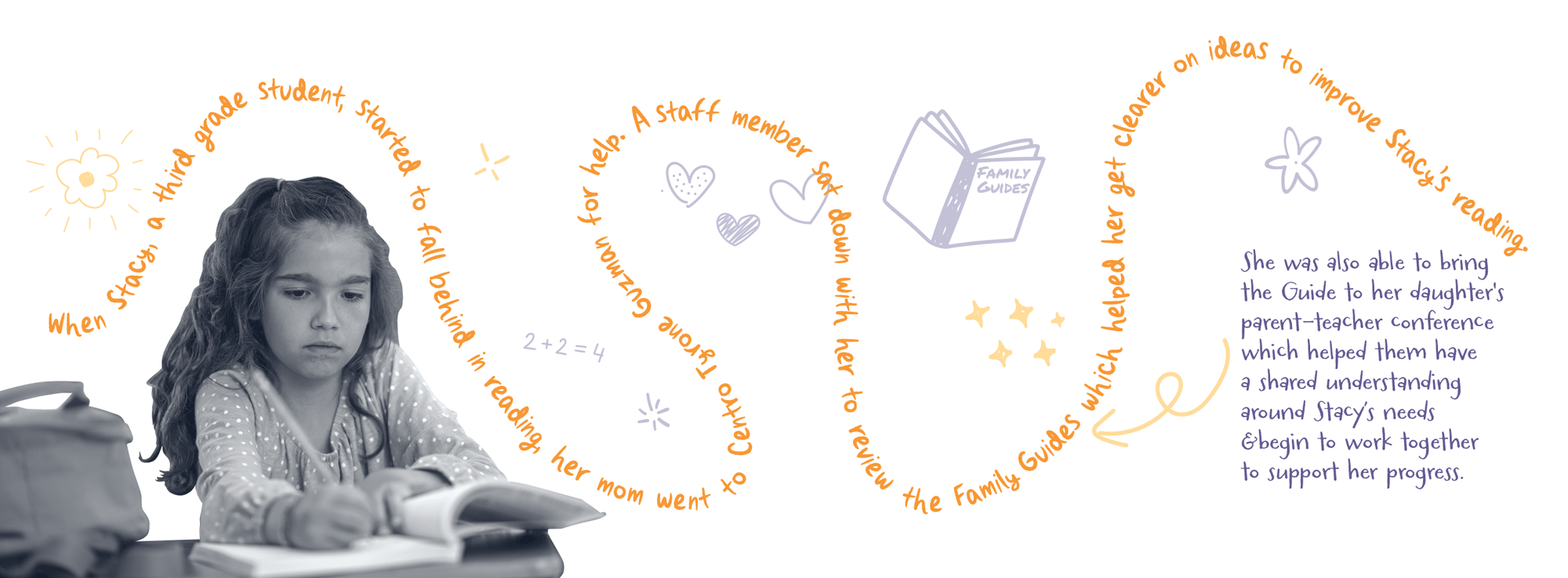 Young student writing at her desk with her story flowing by in copy