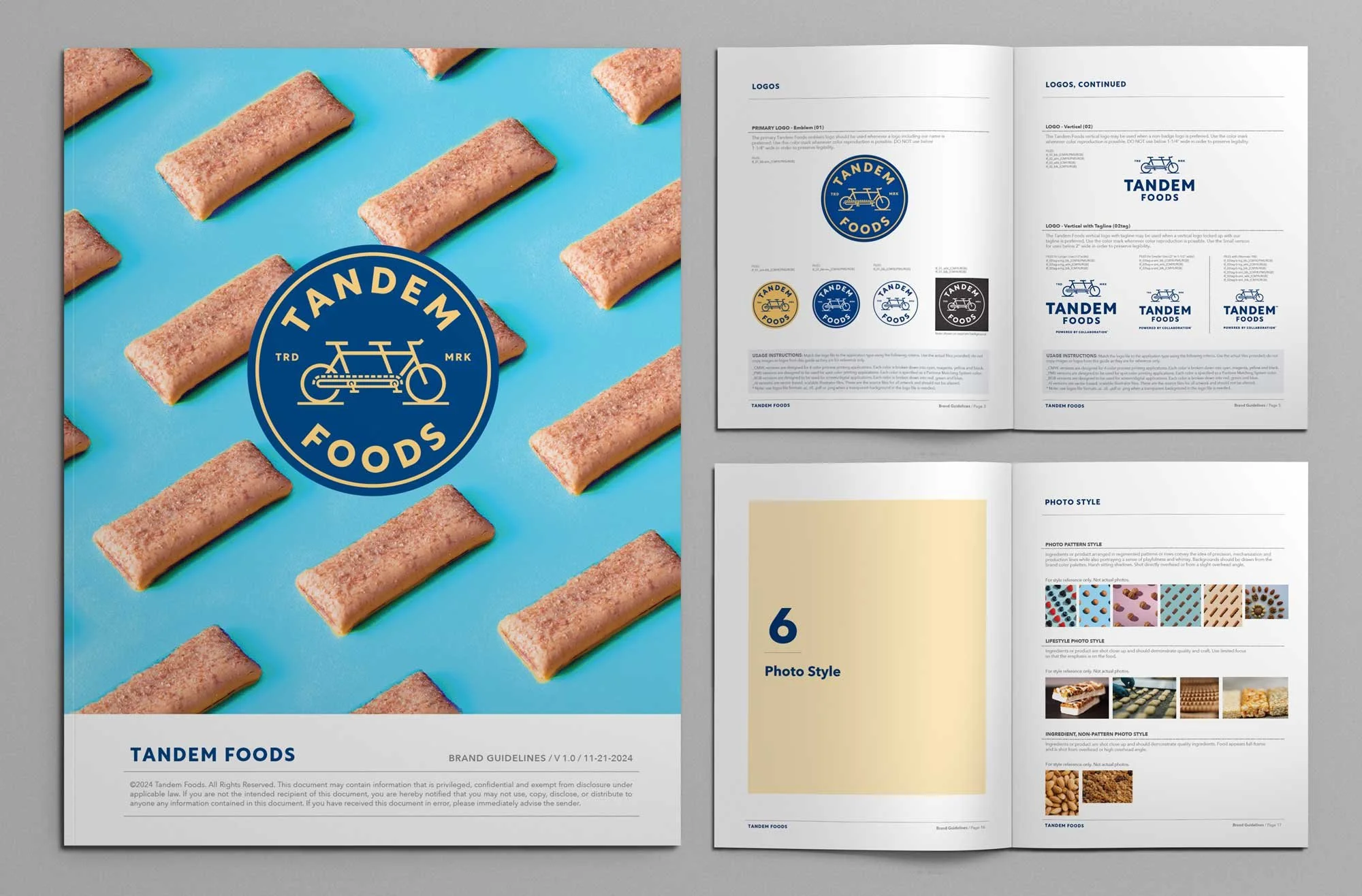 Colorful Tandem Foods brand guidelines cover and interior spreads show logos, and photography styles.