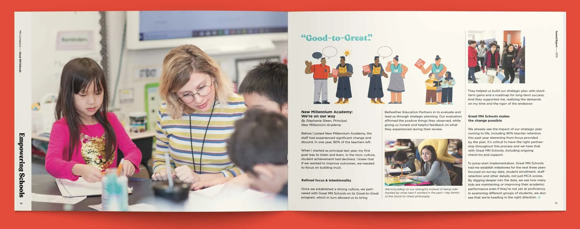 Good-to-great spread with various photos of students and teachers in the classroom.