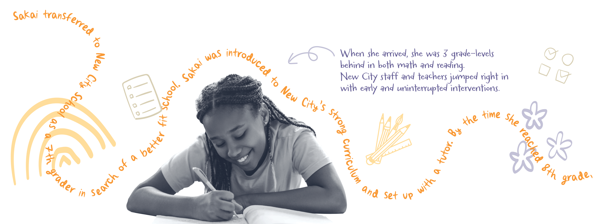 Student writing a desk with her story flowing overhead in a line of copy