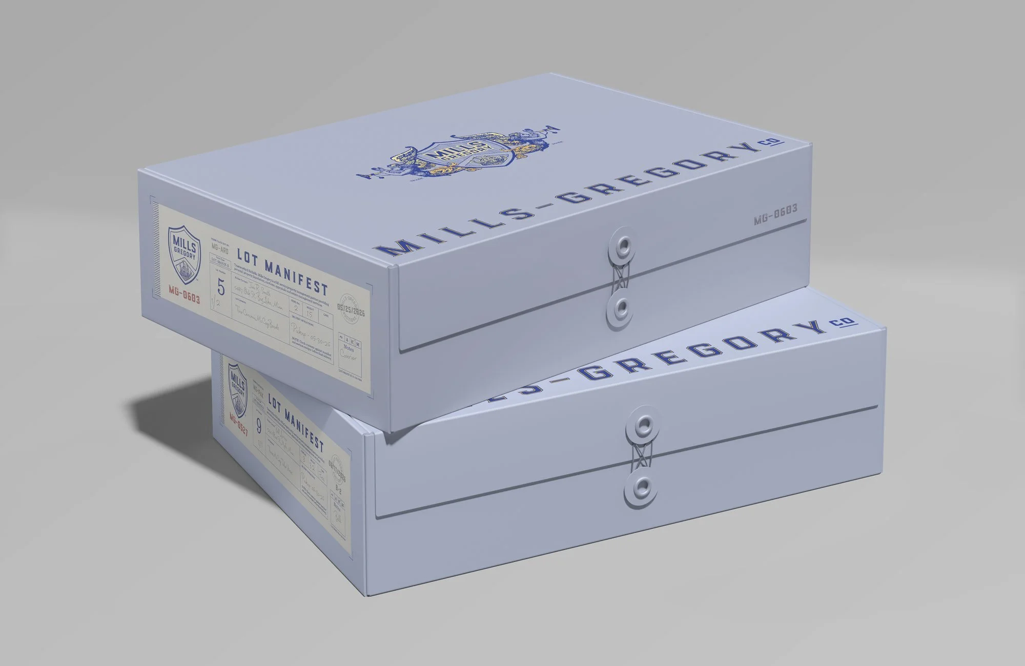 Light blue branded lot boxes with gold and blue brand logo and retro labels.