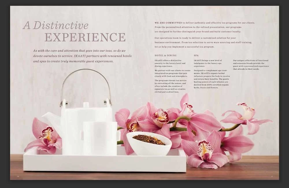A Distinctive Experience spread with photo of pink flowers &amp; white tea pot.