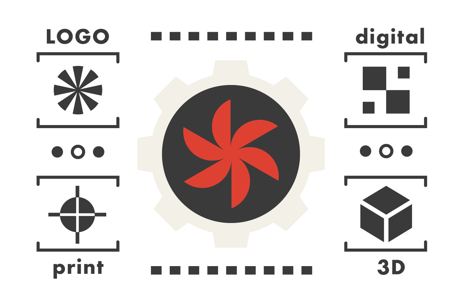Red and black whirligig inside gear graphic surrounded by icons.