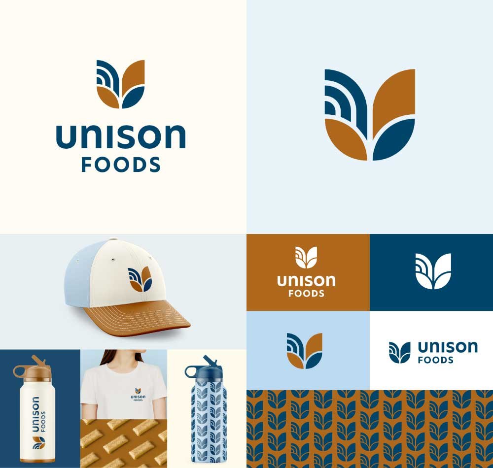 Blue and rust brown Unison Foods logo concept. Abstract geometric plant and sun logomark in the shape of a “U”.