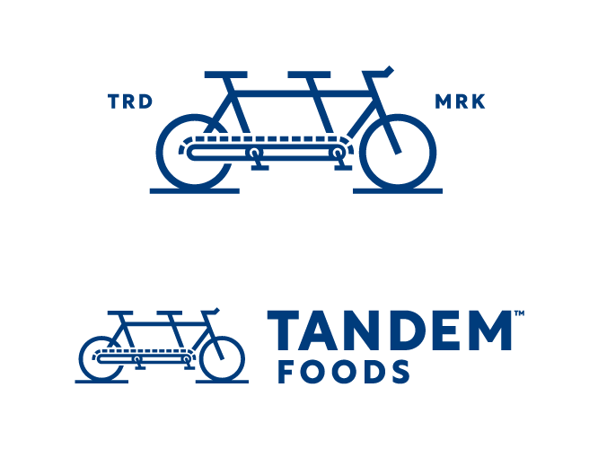 Blue Tandem Foods bike logo mark and horizontal logo lockup with type on white.