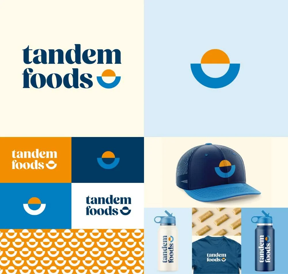 Early Tandem Foods concept featuring colorful blue and orange half circle, rising sun logomark.