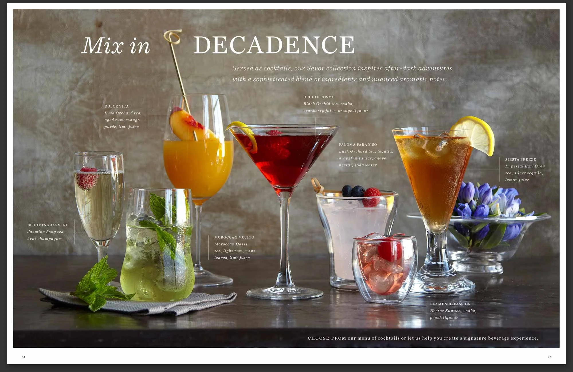 Mix In Decadence spread with tea-infused cocktails.