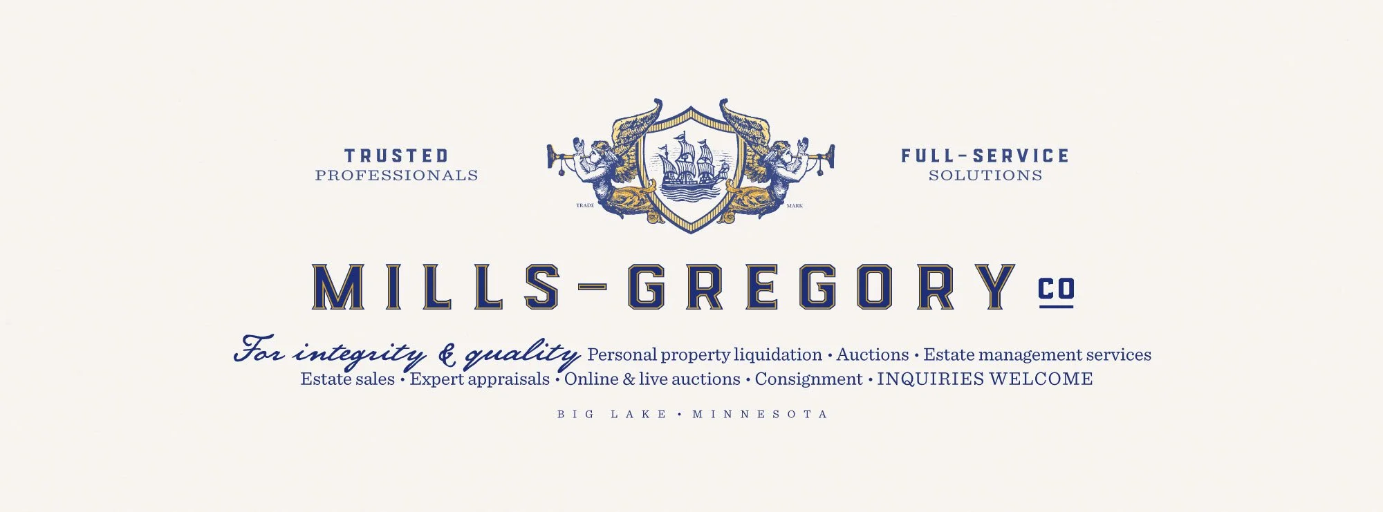 Mills-Gregory masthead with gold and blue graphics on cream paper.