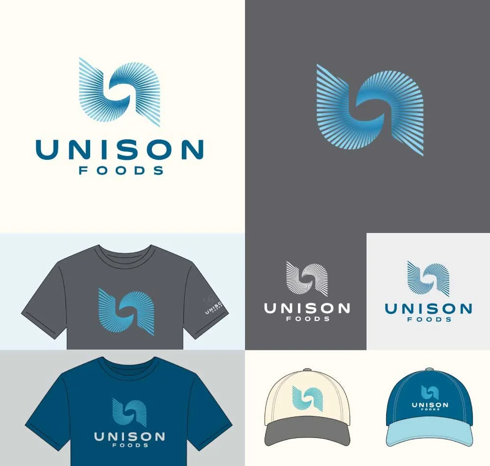 Early Unison Foods logo concept with radiating, rotating lines that can be seen as abstract “U” or spoon in mixer.