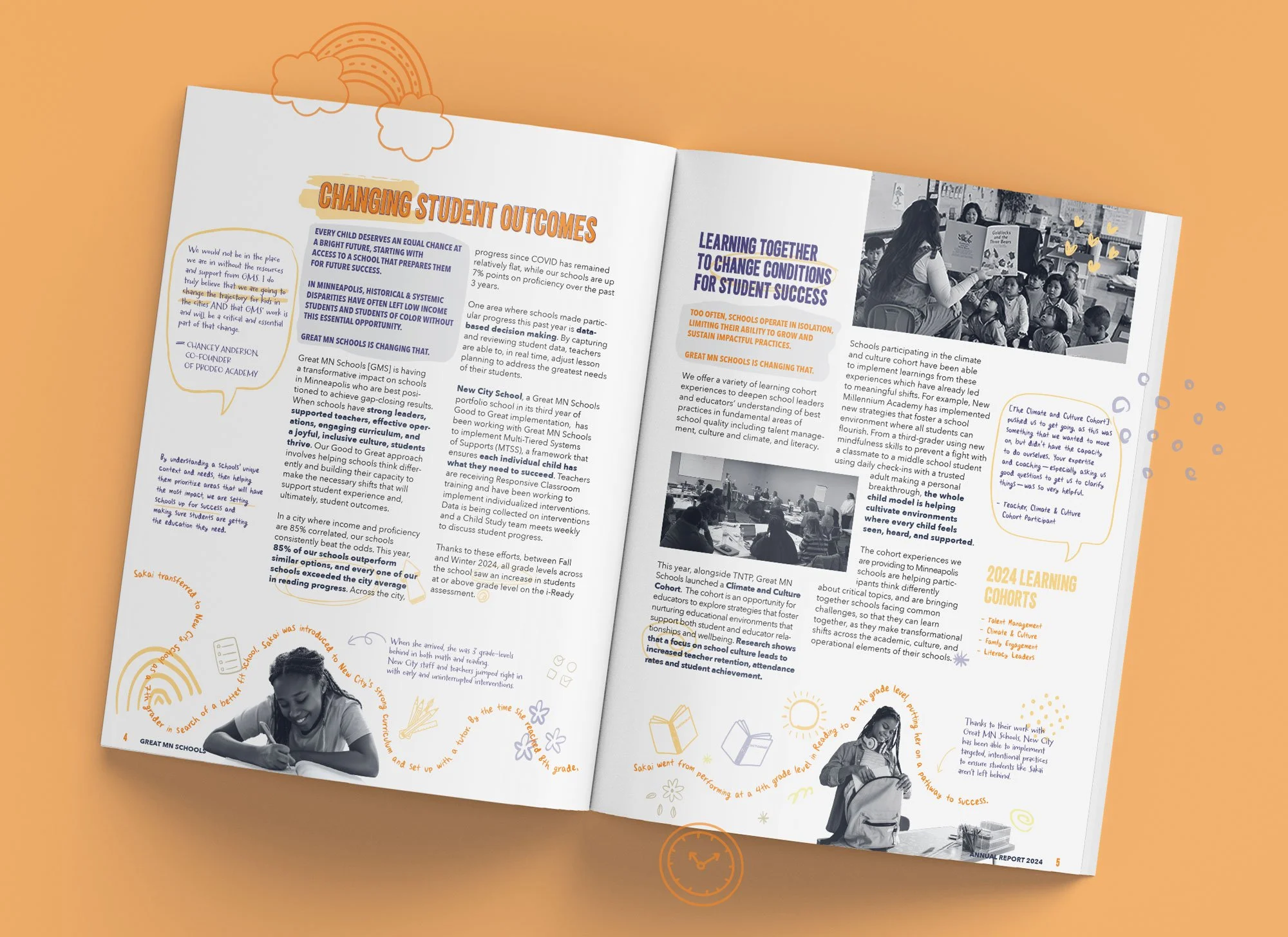 Changing student outcomes spread with energetic students and colorful graphics