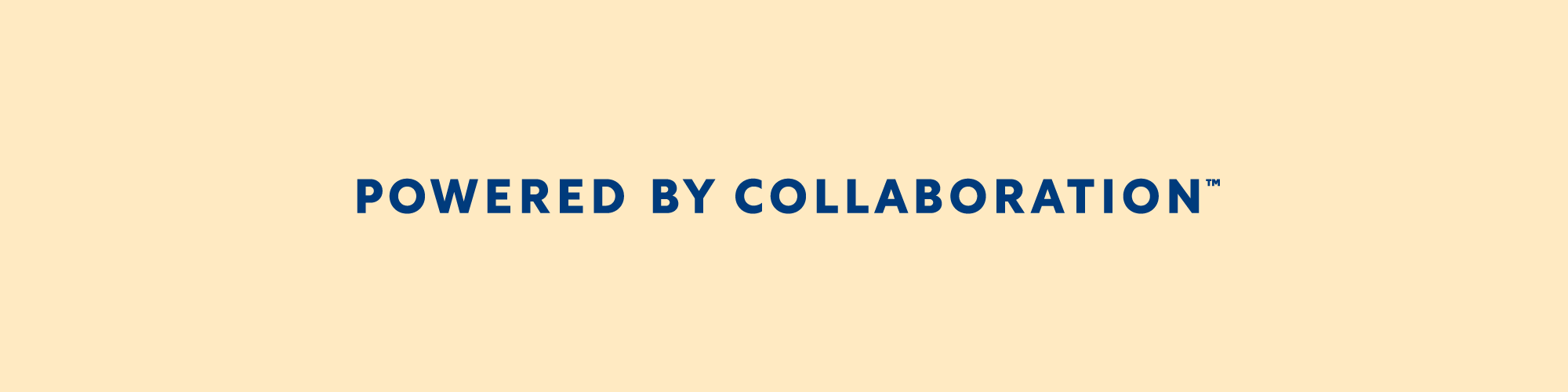 Blue “Powered by collaboration” tagline on cream background.