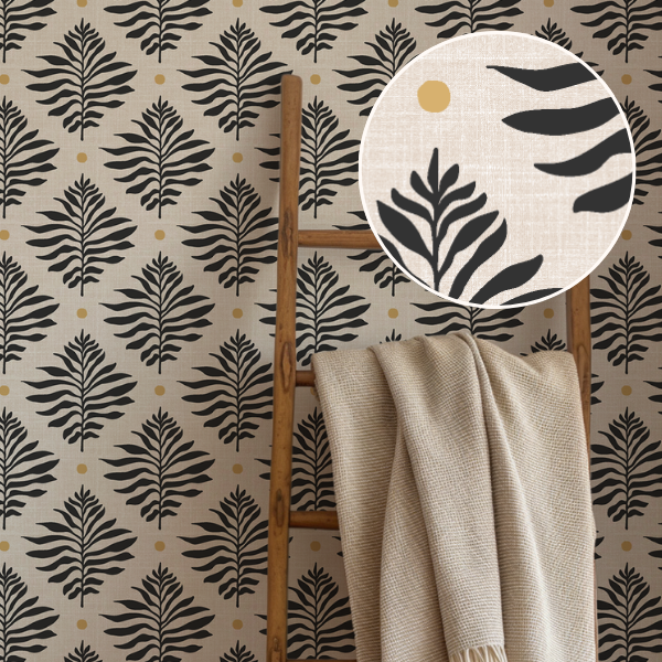 Hand-drawn block print inspired wallpaper and fabric patterns. Bold botanical motifs with the graphic simplicity of traditional block printing. Nature-forward surface designs in multiple colorways.