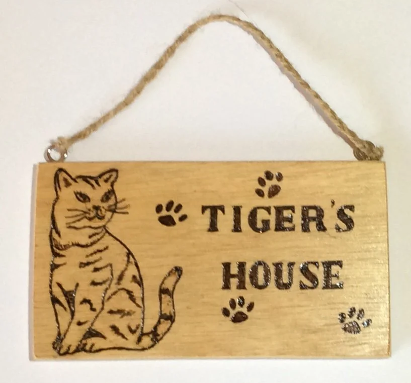 Wooden Pet Cat Name Plaque Pyrography Hanging House Sign