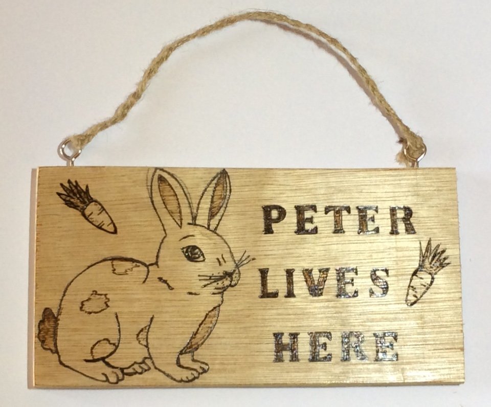 Wooden Pet Rabbit / Bunny Name Plaque Pyrography Hanging House Sign