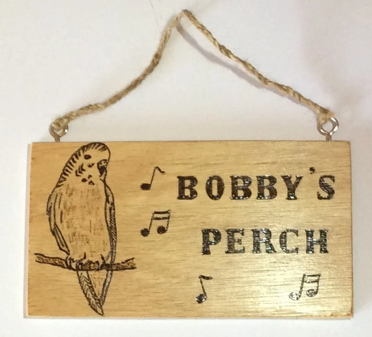 Wooden Pet Budgie / Parrot/ Bird Name Plaque Pyrography Hanging House Sign