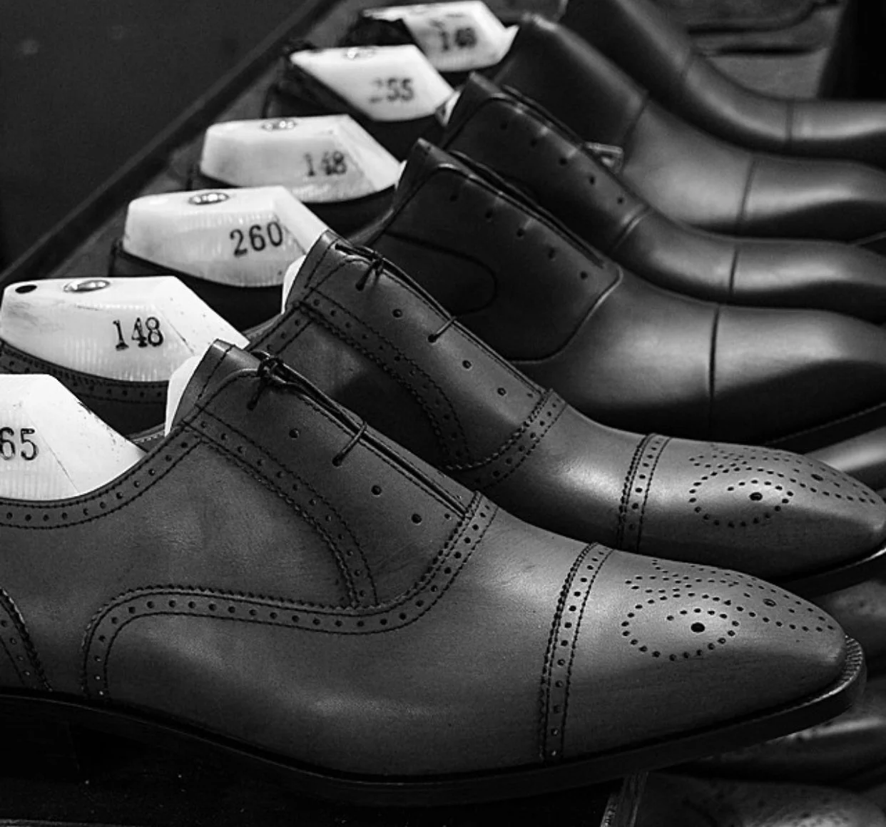 A row of men's dress shoes, including both black and lighter-colored leather styles, along with matching shoe trees with size labels, arranged on a display.