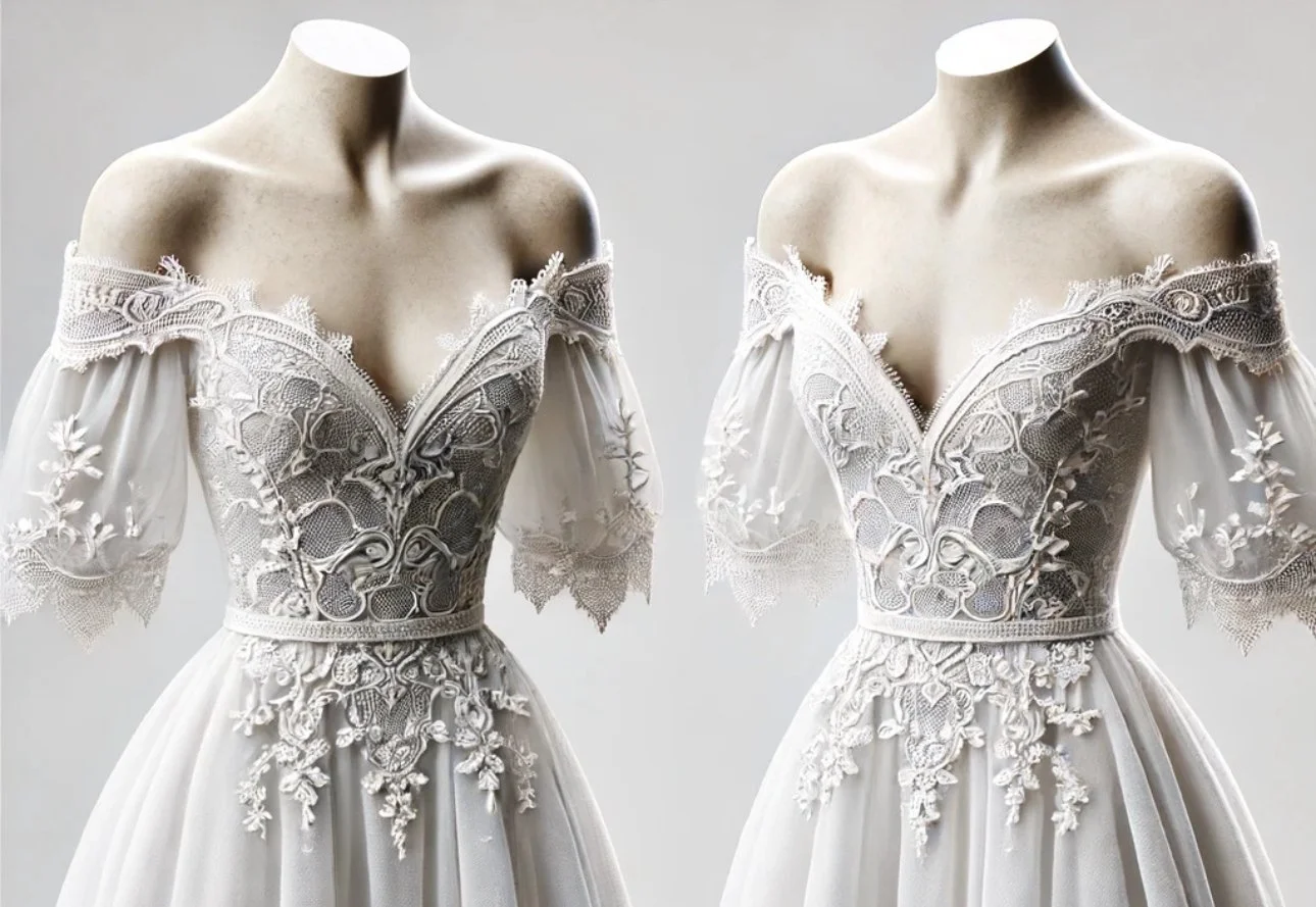 Two white wedding dresses with off-the-shoulder lace and embroidery, displayed on mannequins against a plain background.