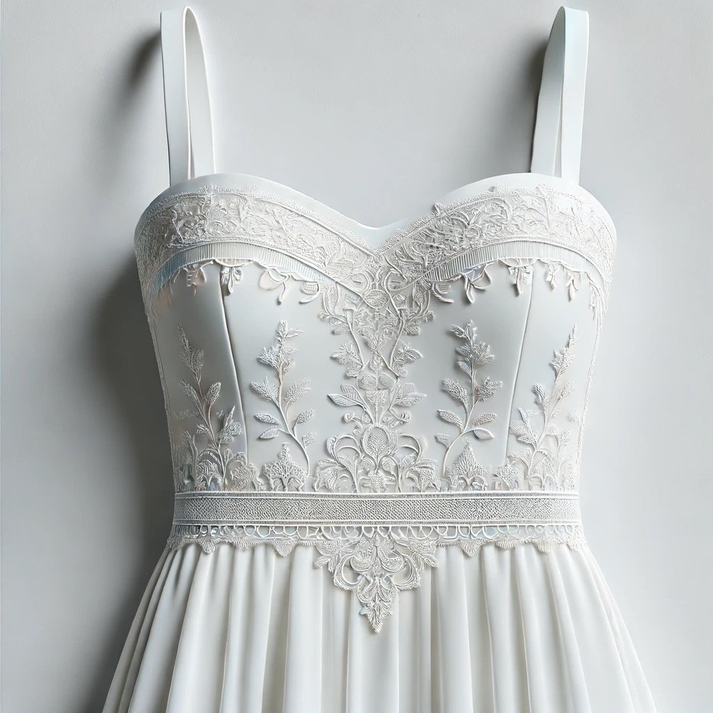 A white wedding dress with intricate embroidery and lace detail, displayed against a plain background.