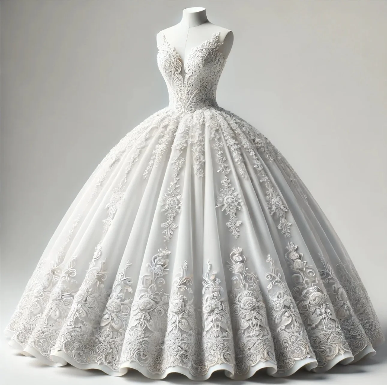 White wedding gown on a display mannequin, featuring a fitted bodice with lace embroidery and a voluminous, embroidered tulle skirt.