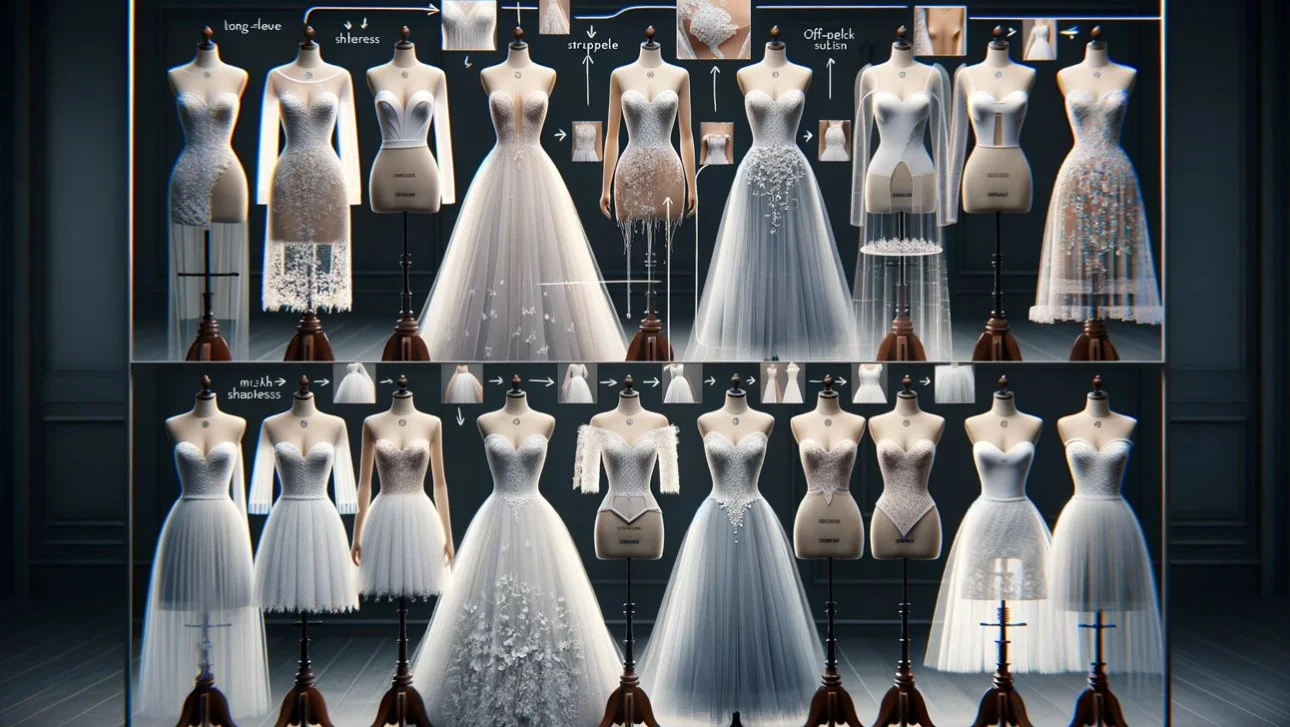 Display of various wedding dresses on mannequins in a boutique, with detailed labels and measurements highlighting design features such as long sleeves, strapless, off-shoulder, and shape.