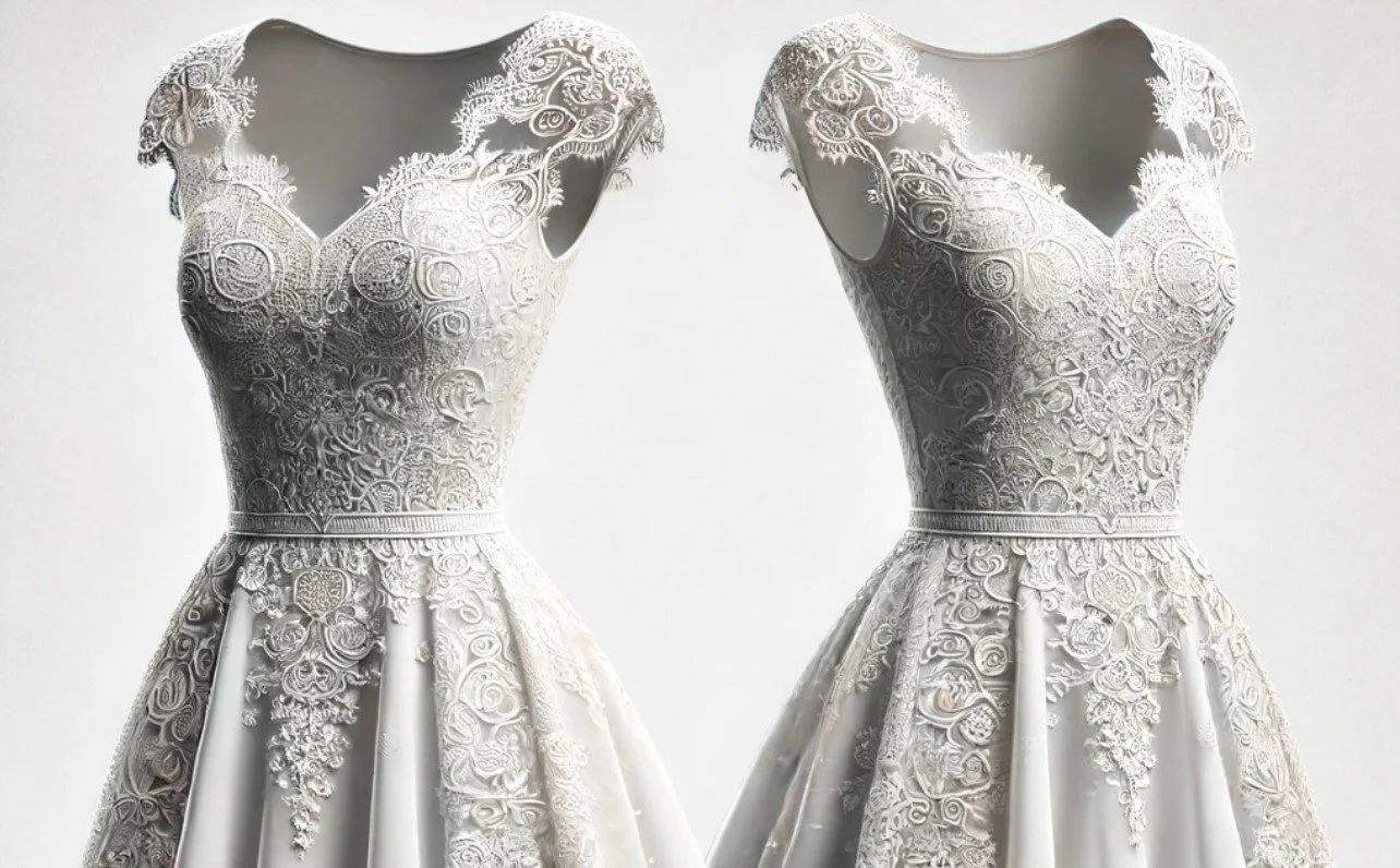 Two white wedding dresses on mannequins, featuring intricate lace and embroidery designs.