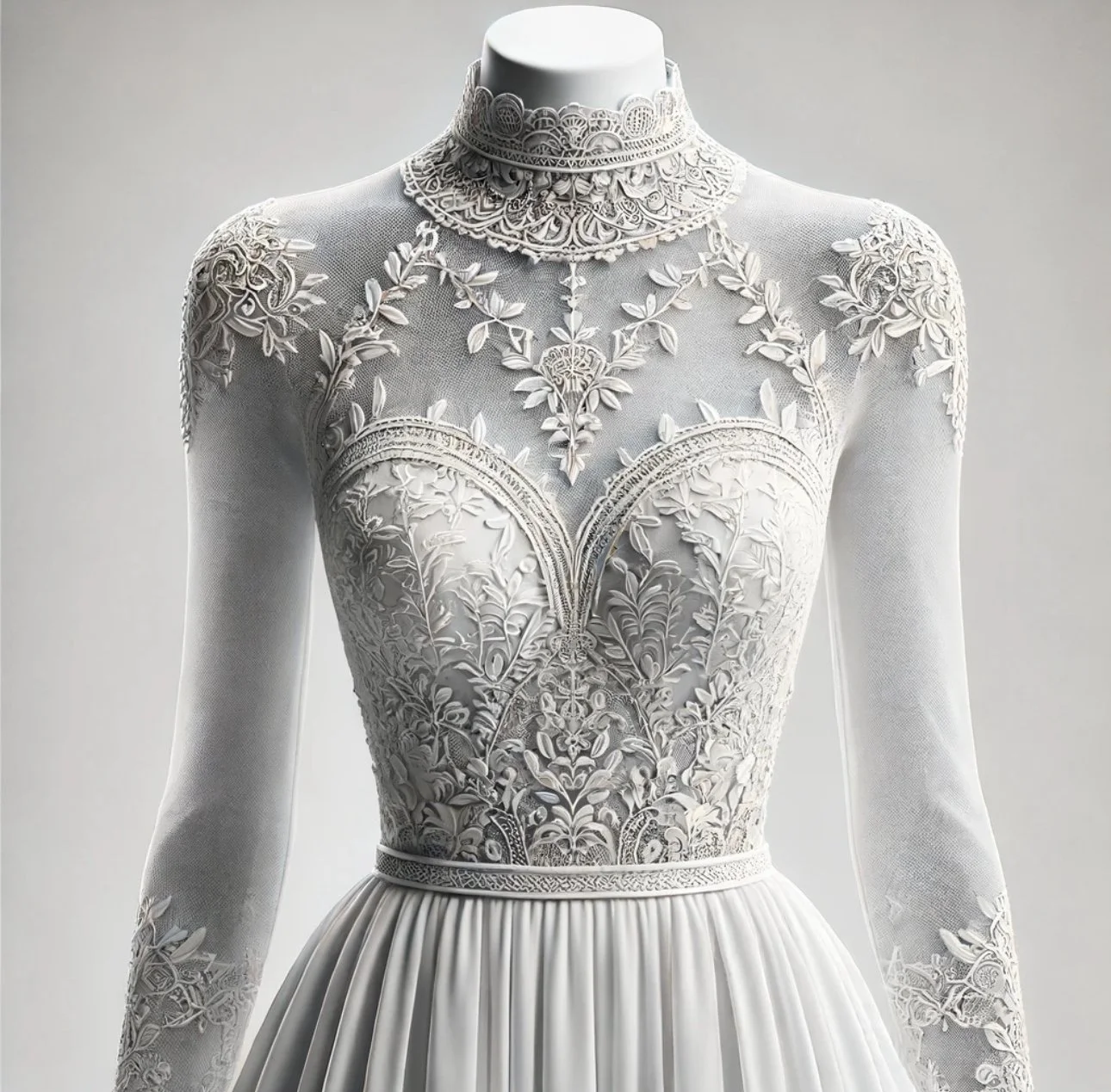 A white wedding dress with intricate lace embroidery and floral patterns on the bodice and long sleeves, with a pleated skirt.