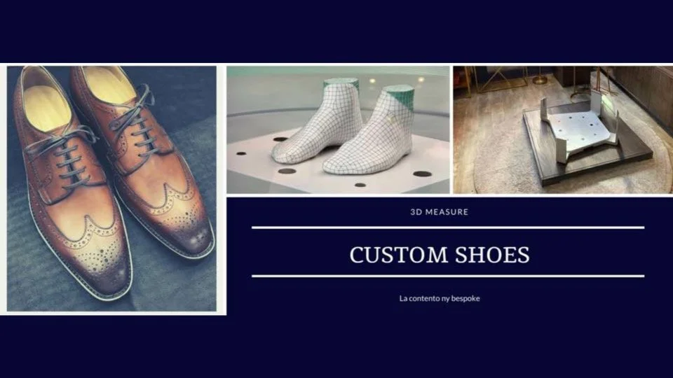 A digital display advertising custom shoes, featuring a pair of brown leather dress shoes, 3D-printed shoes on a display, and a shoe mold on a workspace, with text "3D Measure Custom Shoes."