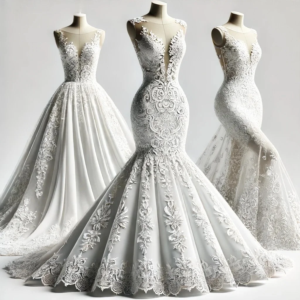 Three white lace wedding dresses on mannequins, each with intricate embroidery and elegant designs.