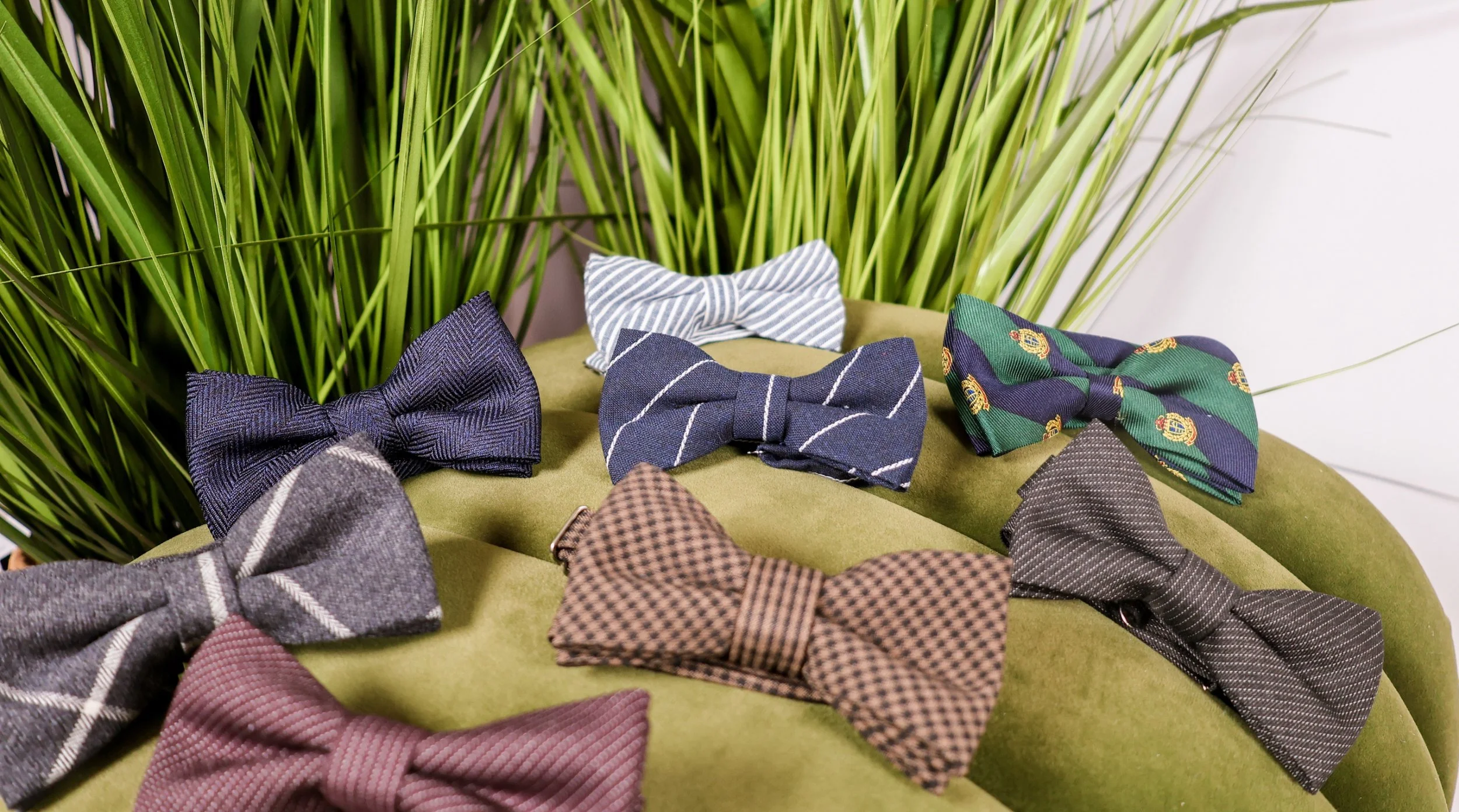 Various patterned bow ties arranged on a green cushioned surface with green grass plants in the background.