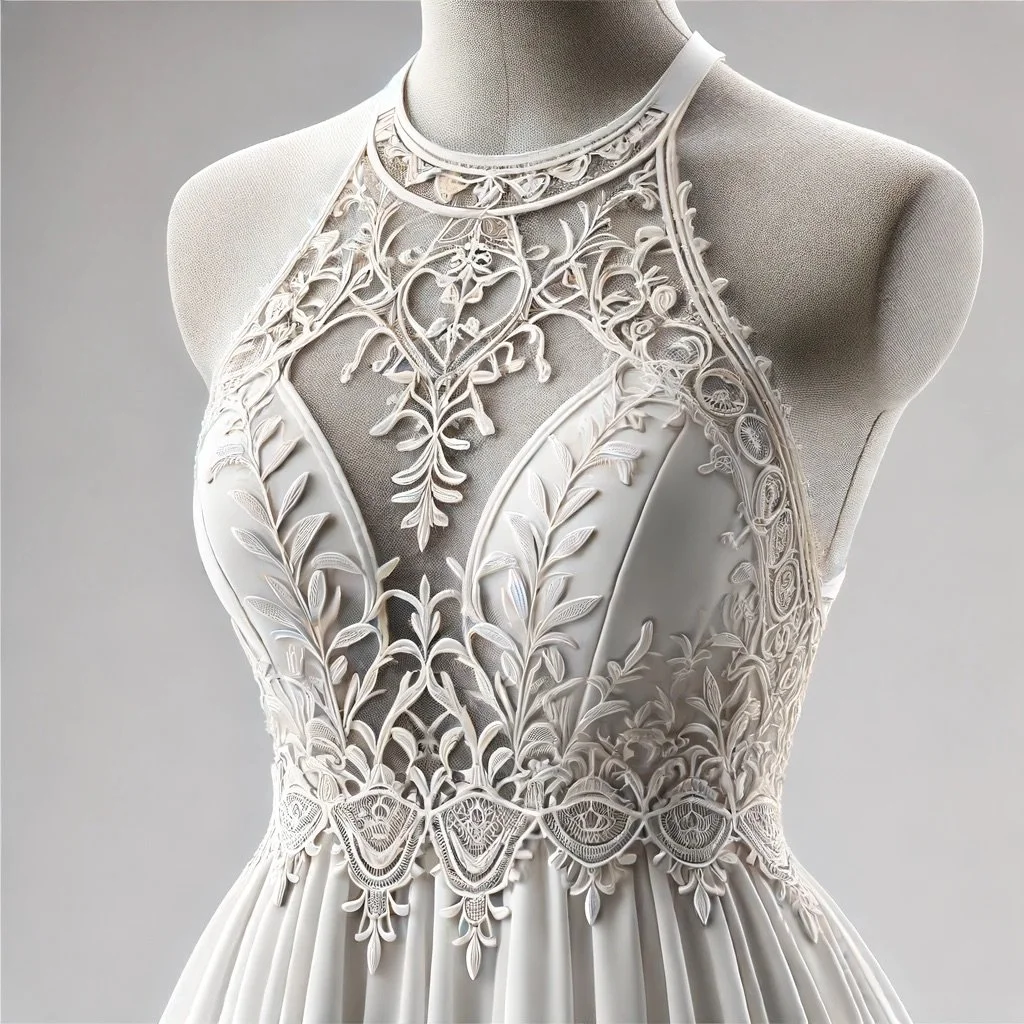 An elegant wedding dress features intricate lace detailing with floral and leaf motifs, fitted bodice, and a high neckline, displayed on a mannequin.