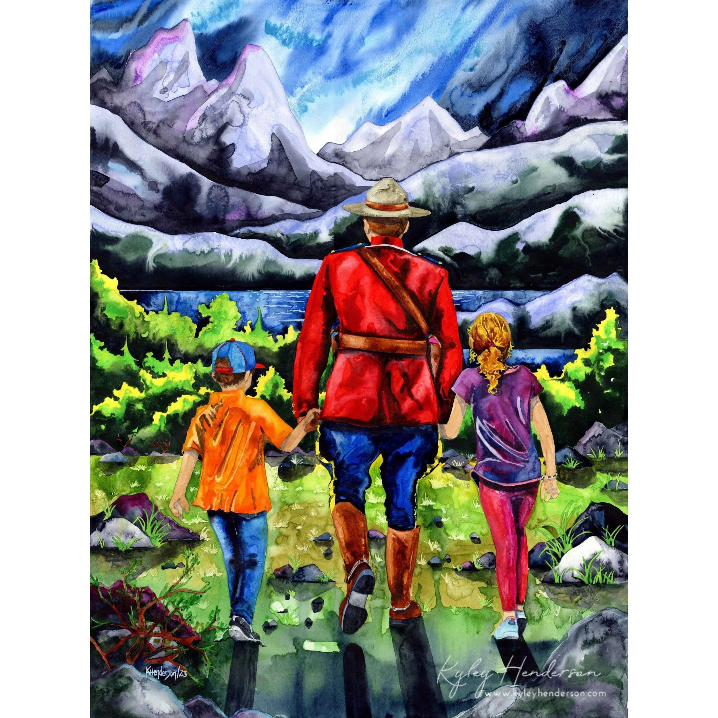 RCMP with Children Watercolor Painting