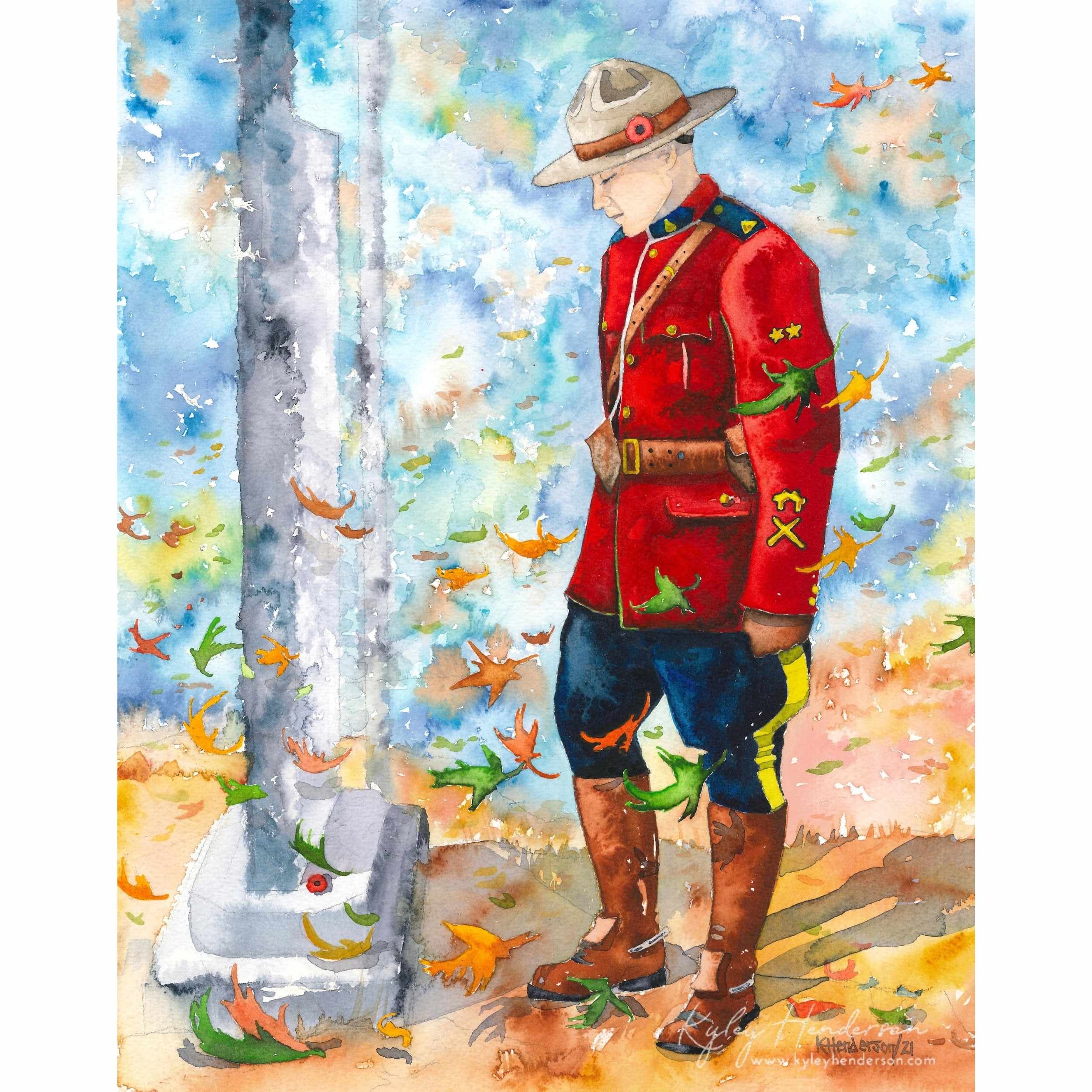 RCMP Officer at Cenotaph Remembrance Day Watercolor Painting