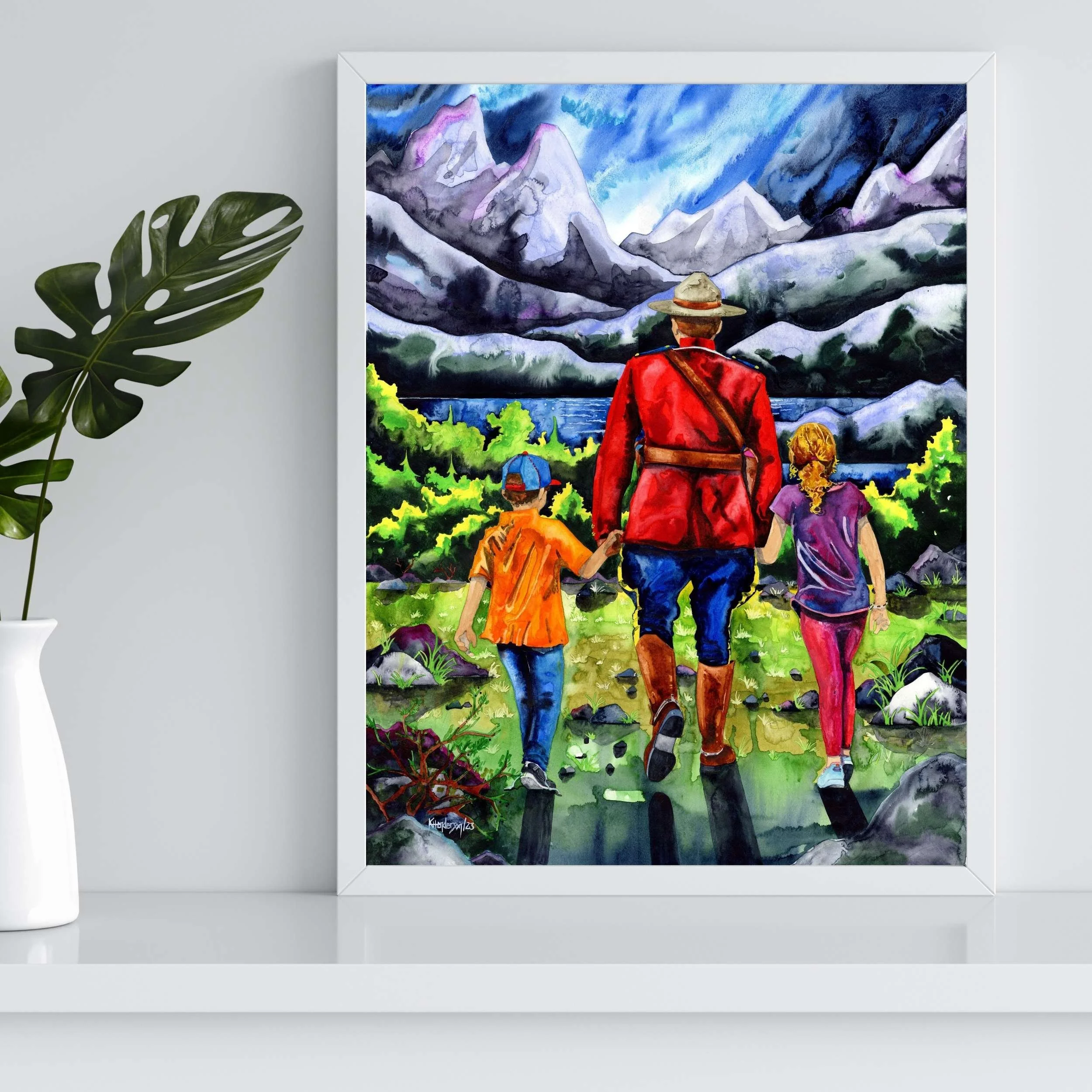 RCMP with Children Watercolor Painting