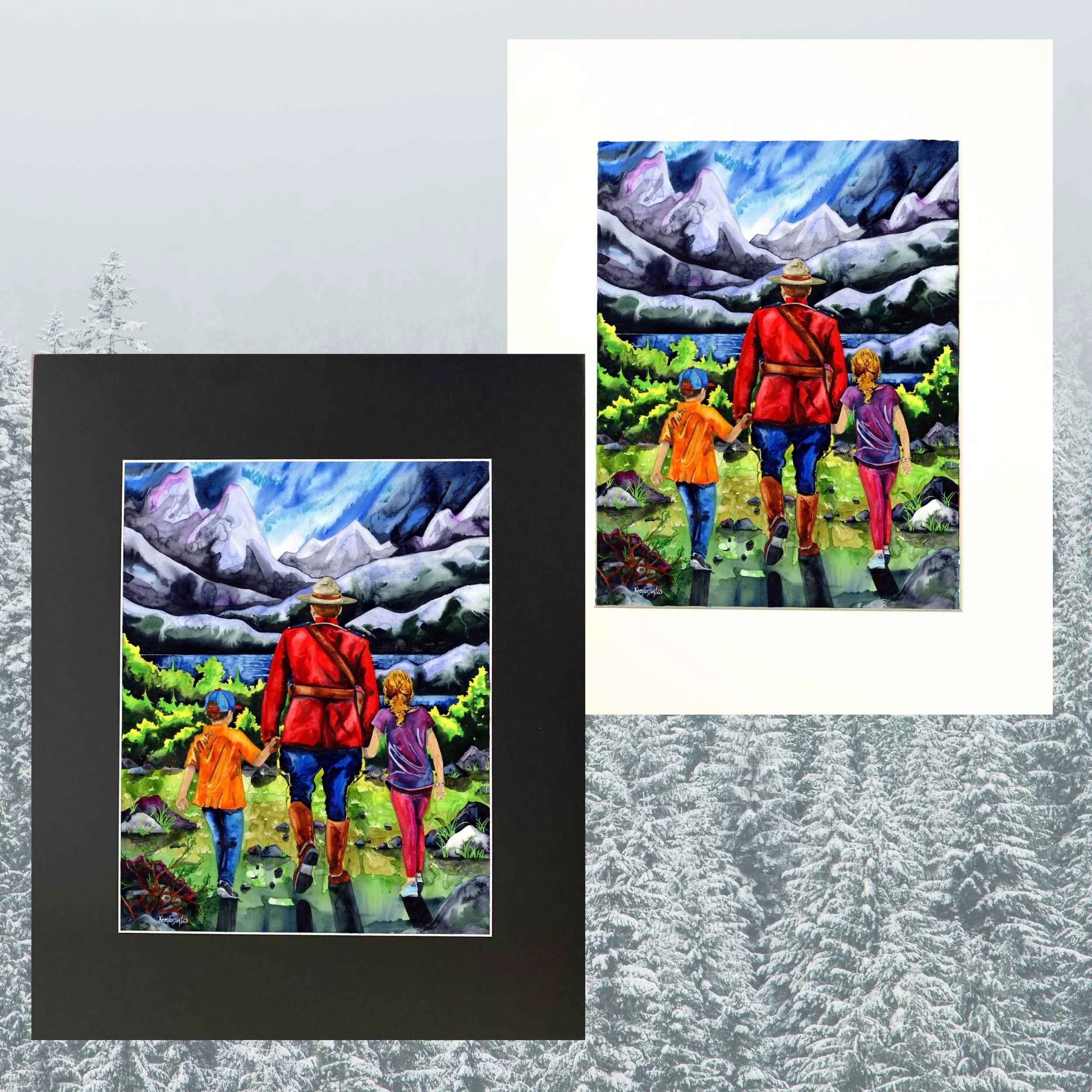 RCMP With Children Watercolor Painting