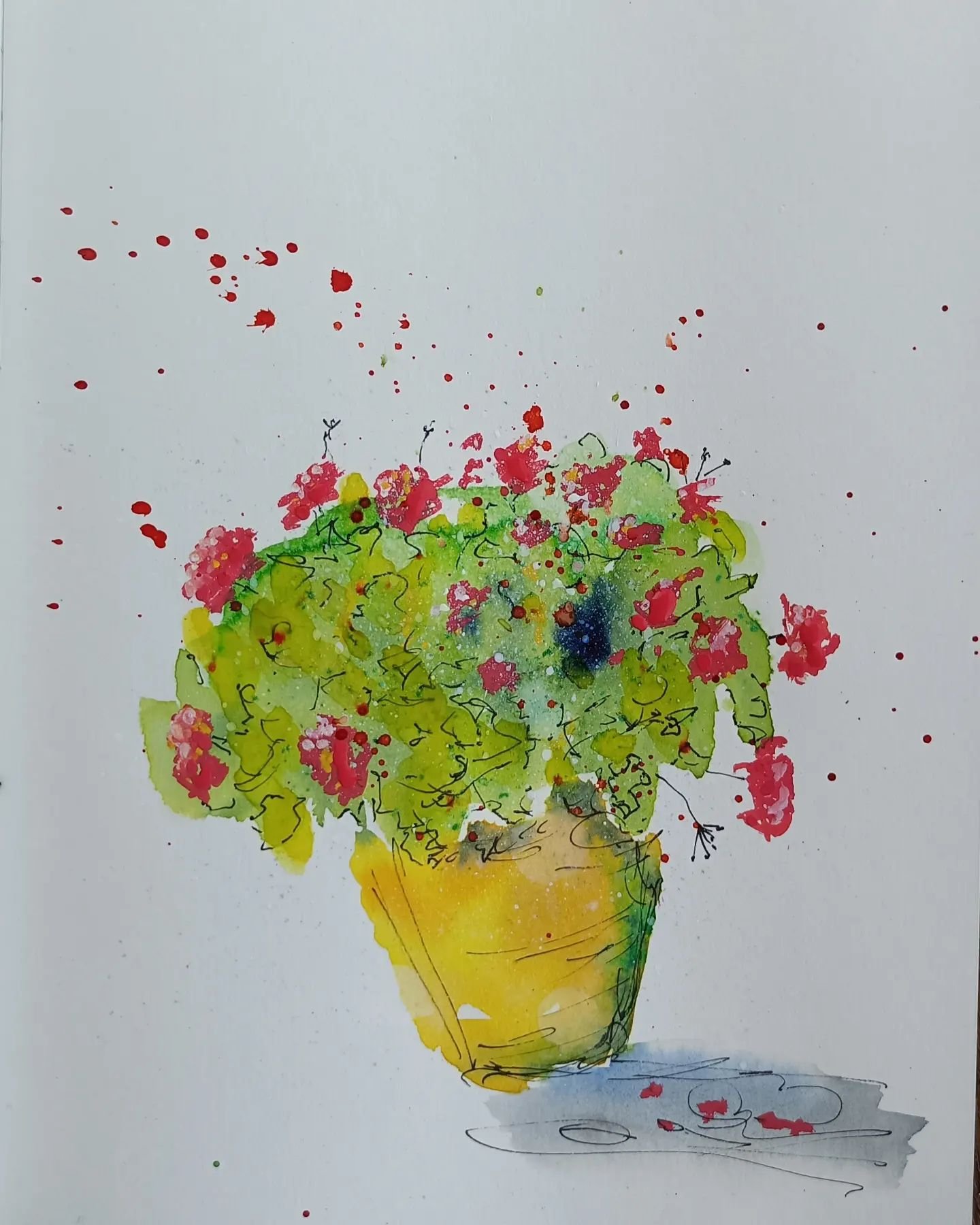 DAY 86 #the100dayproject. A pot of red geraniums that greet me every day on the studio veranda. 
Posca pen, watercolour and pen.

#the100dayproject2024 
#dothe100dayproject 
#redgeranium 
#watercolour 
#mixedmedia