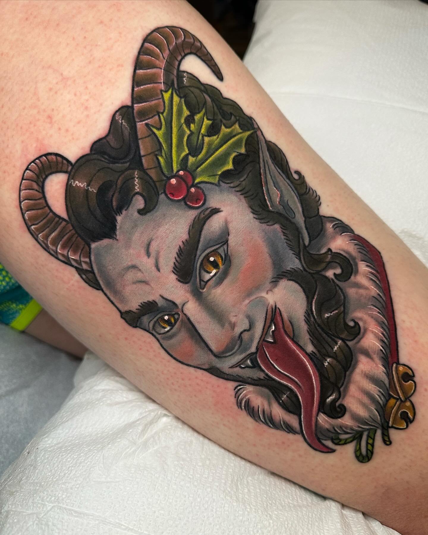 My pre-drawn Krampus! Lines healed, color fresh. I love how this came out. Thanks so much, Lisa!
.
My books are open for custom designs! Booking form is pinned to my profile. 
.
.
.
.
.
#krampus #krampustattoo #christmastattoo #yule #oregon #pnw #ore