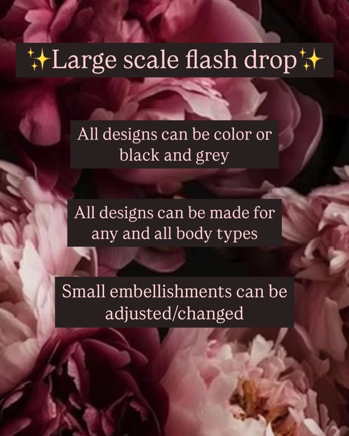 Here are some large scale projects I would like to do. All can be color or black and grey unless specified. Made for any and all bodies. I am willing to make small adjustments and discard any small adornments. DM for inquiries 💜✨