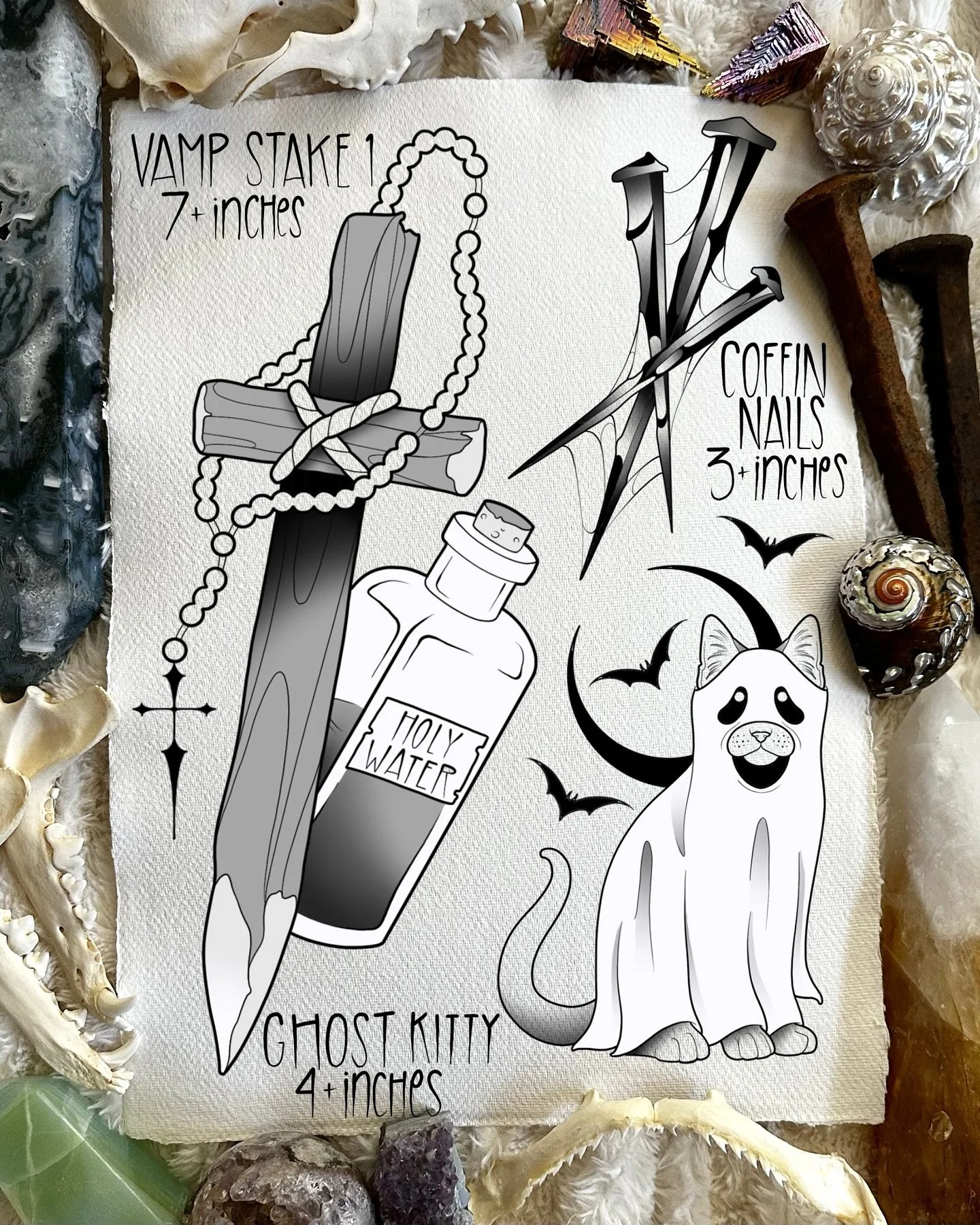 SUMMERWEEN FLASH

In honor of all things spooky I offer you some spooky flash! I would love to tattoo any of these designs. They can be color or black and grey. The size listed is the smallest I will do them, but I am always happy to go larger! If yo