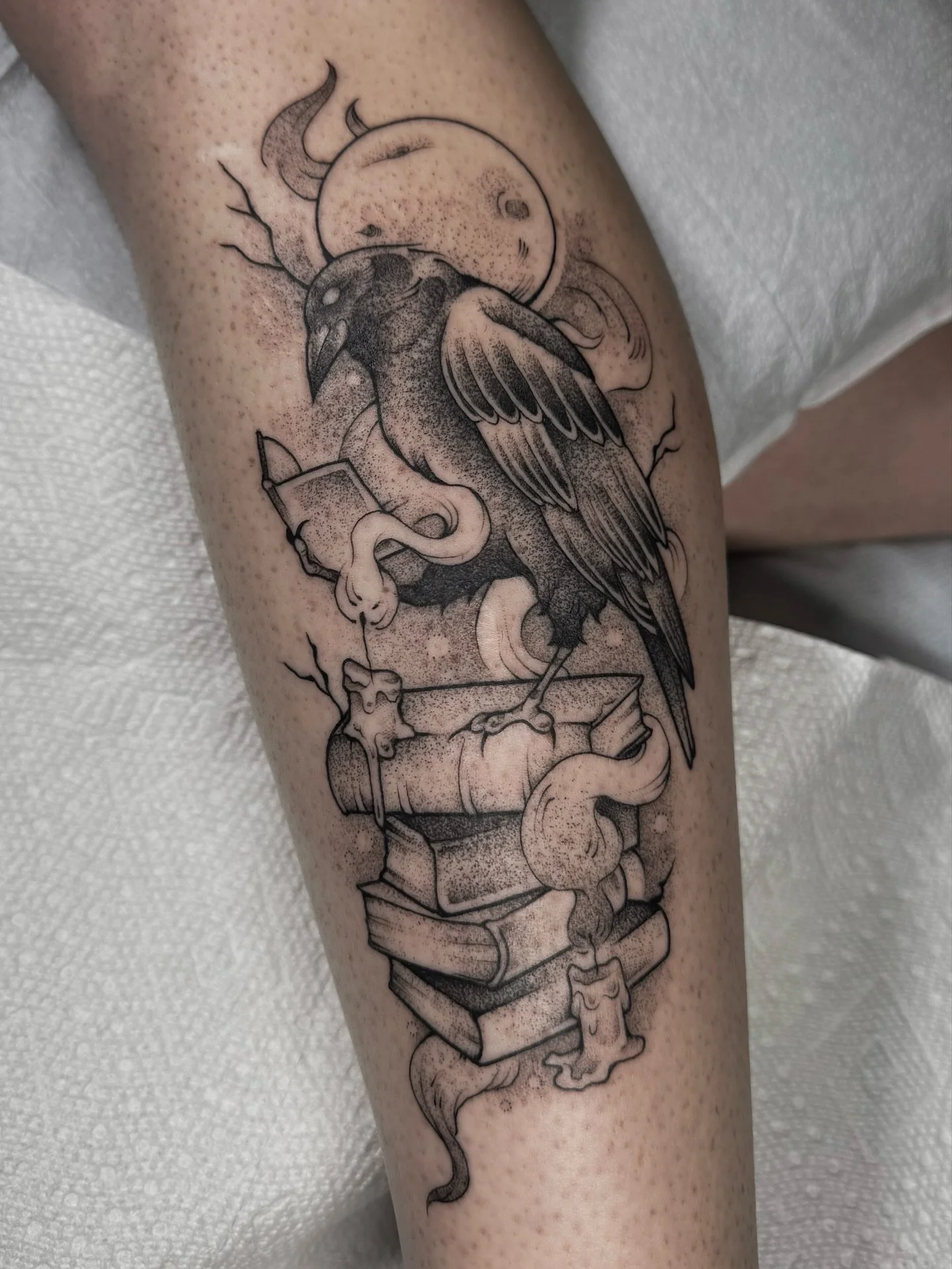 Working on this clients leg of mystical birds! Frost slide is our newest addition and the second is all healed up!