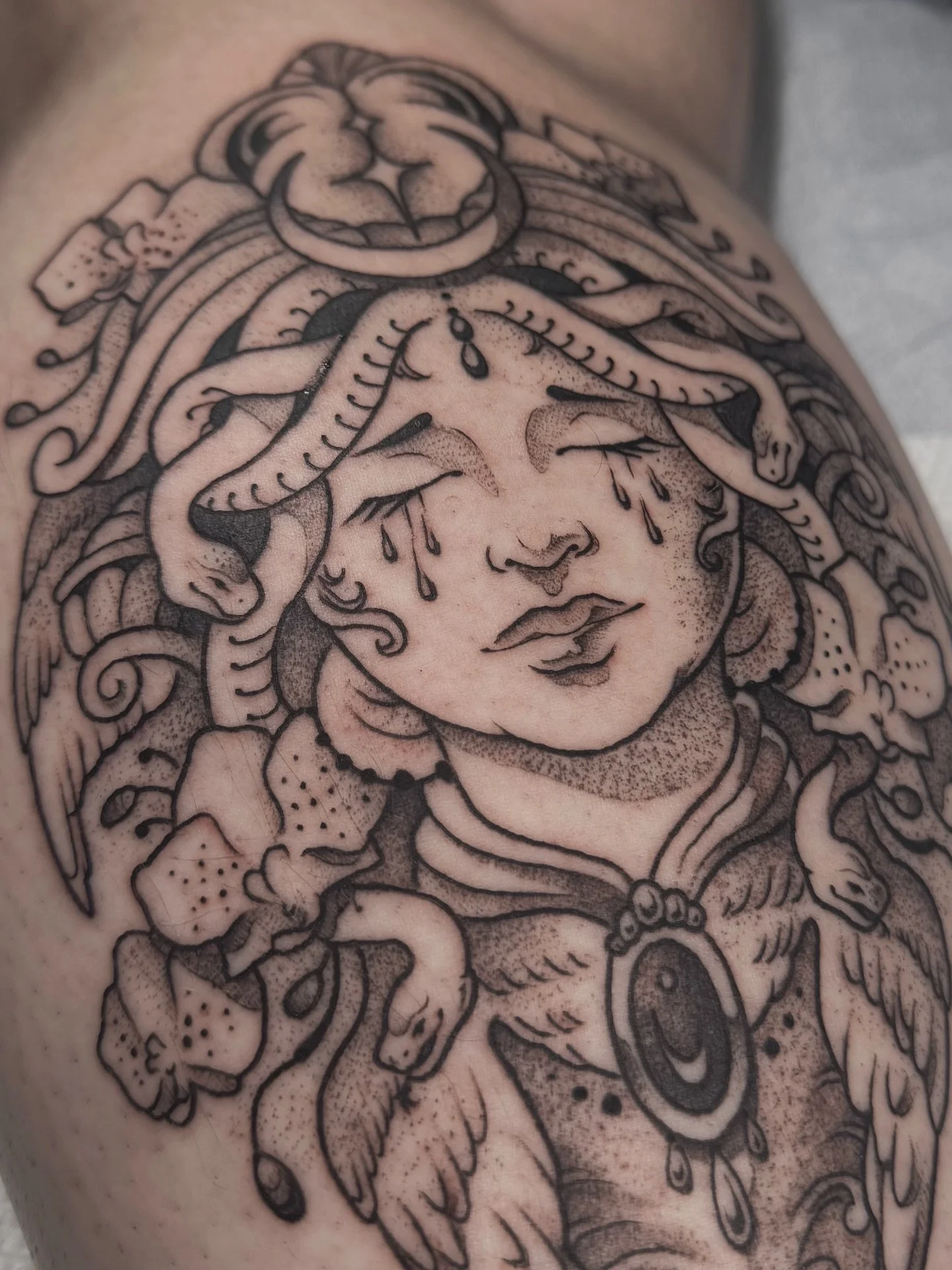Medusa tattoo with art done by client: @missjoomina and altered and tattooed by me: @allyghastly